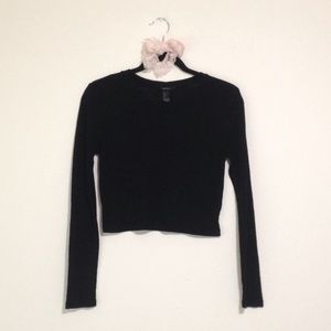Forever21 Black Ribbed Long Sleeve Cropped Semi-sheer Scoop Neck Top